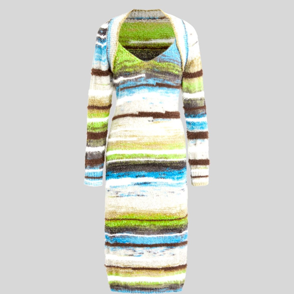 NWT CIDER FUZZY KNITTED STRIPE BACKLESS MIDI DRESS W/ KNITTED CROP SHRUG MEDIUM